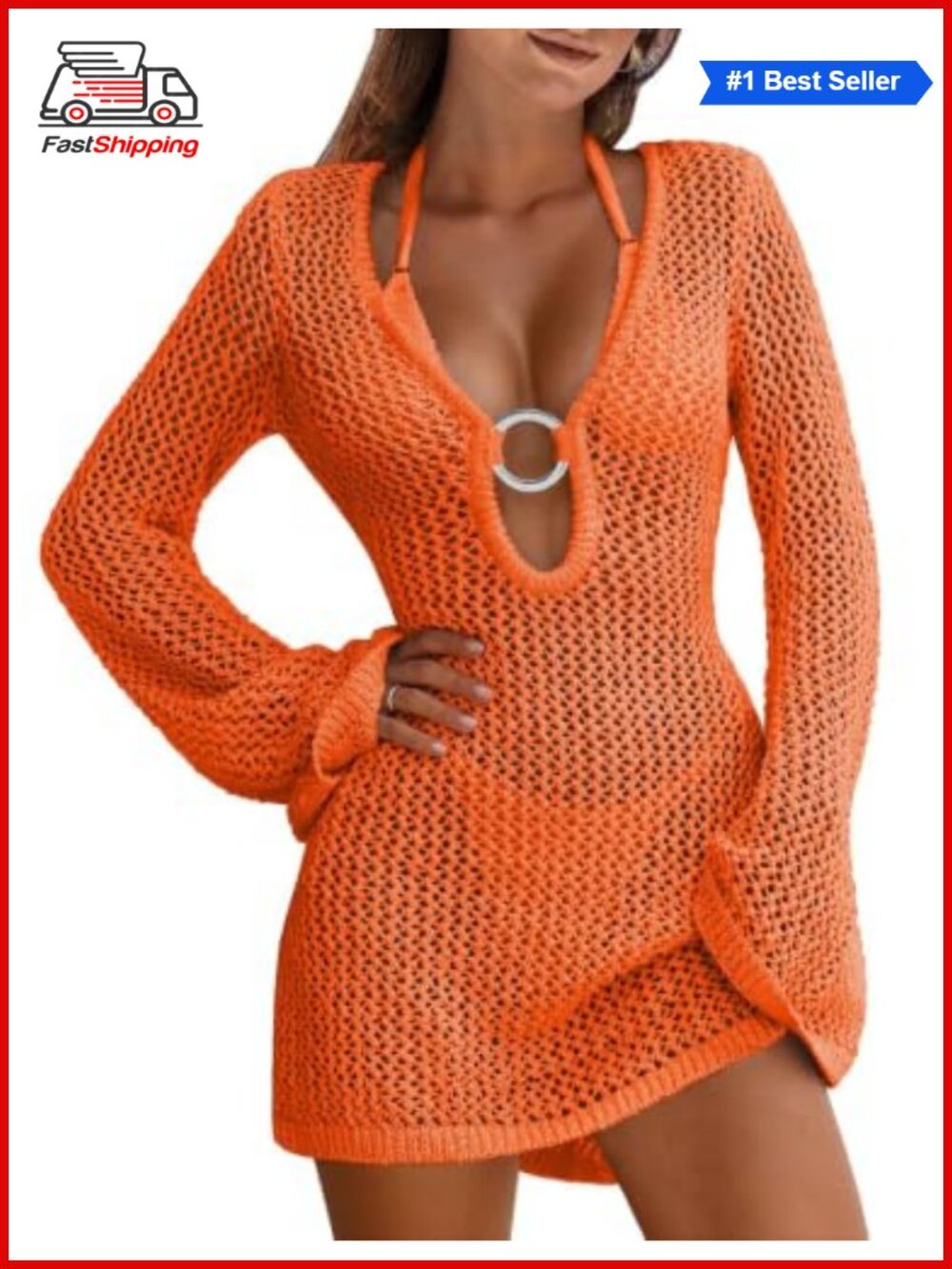 ✨Knitted Crochet Long Sleeve V-Neck Swimwear Coverup Mini Beach Dress